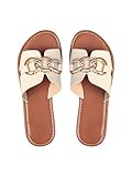 GORGLITTER Damen Flache Sandalen Sommer offene Zehen Sandalette PU Leder Freizeitsandale Urlaubssandalen Outdoor Hausschuhe Beige EUR39