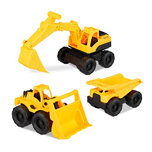 Relaxdays 10023916 Spielzeug Baufahrzeuge, 3er Set mit Bagger, Frontlader & LKW, für Sandkasten & Kinderzimmer, aus Kunststoff, Gelb
