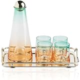ZQDUFEA Wasserkaraffe 1,1 l Wasserkrug, Farbverlaufsglaskrug-Set mit 6 Tassen und Metalltablett, hitzebeständiger Borosilikatkrug, Kaltwasserflasche Getränkespender