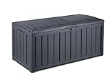 Keter Glenwood Kissenbox, Auflagenbox, 390 Liter Volumen, Wasserdicht, Graphit, Holzoptik, Sitzbank für 2 Erwachsene,128x65x61cm, Auflagenbox