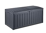 Keter Glenwood Kissenbox, Auflagenbox, 390 Liter Volumen, Wasserdicht, Graphit, Holzoptik, Sitzbank für 2 Erwachsene,128x65x61cm, Auflagenbox