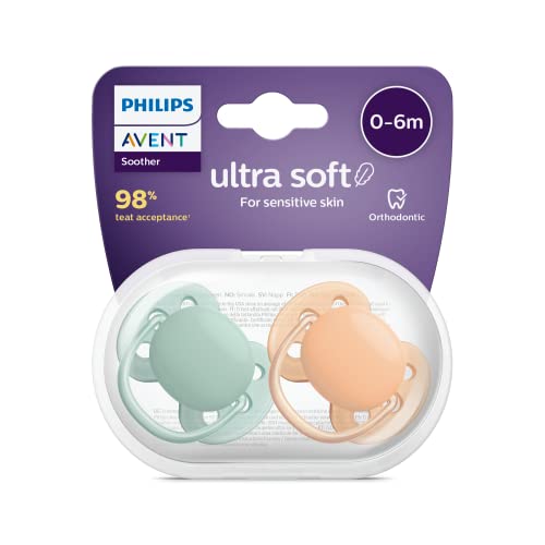 Philips Avent Ultra Soft Schnuller, 2er-Pack – BPA-freier Schnuller für Babys von 0 bis 6 Monaten, grün/orange pastell (Modell SCF091/03)