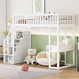 WIZBED Hochbett mit Schreibtisch und Stauraum Treppe 90x200, Etagenbett mit Lattenrost & Rausfallschutz, Kinderbett Bettgestell Einzelbett Funktionsbett,Weiß,ohne Matratze