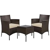 Yaheetech Balkonmöbel Set, Gartenmöbel-Set 3 TLG. inkl. 2 Stühle mit Sitzkissen & Tisch, Terrassenmöbelset Gartensitzgruppe Lounge Set aus PE-Polyrattan für Balkon/Terrasse, Braun-Khaki