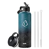 BUZIO Isolierte Wasserflasche mit Strohhalm, Edelstahl, doppelwandig, Sport-Wasserflasche mit breiter Öffnung, BPA-freie Flexkappe und Strohhalm-Deckel, hält 48 Stunden kalt, 24 Stunden heiß,