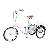 BJTDLLX 20 Zoll Dreirad für Erwachsene Deluxe 3-Räder Fahrrad Weiß 1-Gänge Menschen Dreirad City Tricycle mit Einkaufskorb