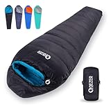 QEZER Daunenschlafsack Winter Schlafsack Outdoor 0°C bis -12°C Daunen Schlafsack[1590 g] 4 Jahreszeiten für Camping,Wandern und Trekking (Schwarz 0°C)（Rechter Reißverschluss）