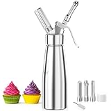 Fousenuk 500ml Sahnespender, Sahnesyphon Aluminium mit 3 Edelstahl Deko-Düsen und 1 Reinigungbürste, Auslaufsicherer Sahnesiphon für die Zubereitung von Schlagsahne, Creme, Mousse und Desserts