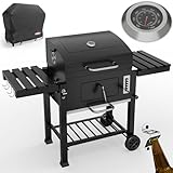 ONBEST Holzkohlegrill mit Grillrost aus Gusseisen – PLUS Abdeckung - XXL BBQ Grill mit Deckel – mobiler Grillwagen mit klappbaren Ablagen – Grillrostverstellung –Thermometer – Flaschenöffner