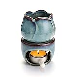 BSTKEY Keramik-Duftlampe für ätherische Öle, Wachsschmelzbrenner mit Kerzenlöffel, dekorativer Aroma-Teelichthalter, Ölbrenner für Wachsschmelzen, Blumenmodell (blau)