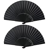 2Stück Faltbare Fächer Schwarz Faltfächer Handfächer Schwarz Taschenfächer Fecher Sommer Chinesische Fächer Folding Hand Fan Faltventilator Chinesischer Tuch Stoff Fan für Tanz HochzeitParty Wand Deko
