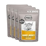 Ember Snacks – Biltong Beef Jerky (250 g x 4 Orginal) Proteinreich, kalorienarm. Fettarmer, Snack für unterwegs – hergestellt aus britischem und irischem Rindfleisch