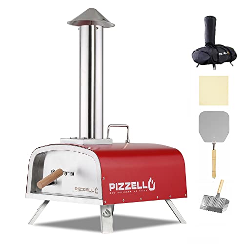 PIZZELLO Outdoor Wood Fired Pizza Oven Portable Pellet Pizza Ovens for Outside,Pizza Maker with Pizza Stone, Pizza Peel, Fold-up Legs, Waterproof Cover (Red)