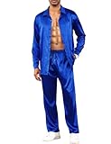 Babioboa Mens Seid Satin 2 Piece Outfit Lang Lapel Button Tops Hausanzug Trainingsanzug Pajama Set Elegant Partywear(Blau,L)