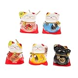 ULTECHNOVO 5 Stück Teiliges Set Porzellan Glückskatze Figuren Miniatur Maneki Neko Dekoration Weiße Katzenfiguren mit Filzunterlage Langlebig und Bruchsicher für Auto Büro Tisch und