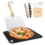 Denmay Pizzastein für Backofen & Gasgrill - 6er Set, Pizza Zubehör Set Backstahl rechteckig und massiv mit Pizzaschieber & Backstein & Pizzaschneider & Pergamentpapier und mehr, Pizzastein Set