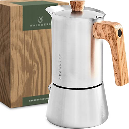 WALDWERK Espressokocher (300ml) - Espressokocher Induktion für alle Herdarten geeignet - Mokkakanne aus Edelstahl mit Holzgriff aus echtem Eichenholz