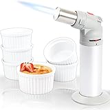 Stimo 2IN1 Flambierbrenner + 6X Schälchen Ø 9cm aus Keramik Ofenfest Gas Küche Brenner Creme Brulee Dessertschale Pasteten Tapas Soufflé Auflauf Förmchen (Set 6 Stück), Weiß