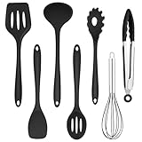 Homikit Küchenhelfer Set, 7 Stück Schwarz Silikon Küchenutensilien Kochbesteck Set, Antihaft Hitzebeständiger Kochutensilien mit Pfannenwender zum Kochen, Backen, Gesund/Spülmaschinenfest