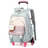 Amythe Schulrucksack Trolley für Mädchen, Teenager Rucksack Schule mit Rollen, Abnehmbar Trolley Schulranzen für Grund- und Sekundarschüler, Daypack für Reise mit 6 Räder，36L -Grün