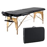 Panana Massageliege 2 Zonen Mobile Massagetisch Klappbar Tragebares Massagebett höhenverstellbar aus Holz Massagebank mit Kopfstütze & Armlehnen & Tasche 213 × 82 x 81 cm (Schwarz)