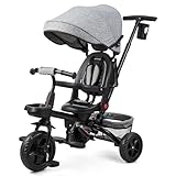 6 In1 Dreirad - Faltbar Kinderdreirad Mit Schubstange Ab 9 Monate (Bis 25Kg) Mit Schubstange, Drehbarem Komfortsitz (Vor/Rück), Sonnenverdeck & Getränkehalter, Grau