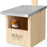 WILDLIFE FRIEND I Nistkasten Rotkehlchen & Co mit Metalldach nach NABU aus Massivholz für - 100% Wetterfest – Halbhöhle für Gartenrotschwanz, Nistkasten & Brutkasten für Nischenbrüter