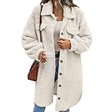 Langer Damenmantel, flauschig, Sherpa-Jacke, Revers, Kunstfell, Winter, warme Oberbekleidung mit Taschen, beige, L