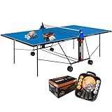 GEWO Tischtennisplatte AWR Outdoor Easy - klappbarer Tischtennis-Tisch für Außen, 4mm starke Melaminharzoberfläche - mit Rädern, Netz und Schläger-Halter, Playback-Stellung, ITTF-Maß, Wetterfest, blau