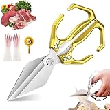 Seattleget Multifunctional Heavy-Duty Kitchen Shears, 2 In 1 Japanese High-Carbon Steel Kitchen Scissors, Poultry Shears with Ergonomic Handle, for Chicken, Meat, Seafood, Bone Cutting (Gold)