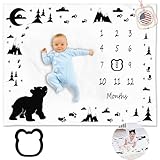 KEMINA BLANKETS Baby Monatliche Meilensteindecke Junge, Mädchen – Meilensteindecke Baby Junge mit Filzrahmen, Babybär Monatsdecke Wald Kinderzimmer Dekor für Babyparty, 50 x 40 cm