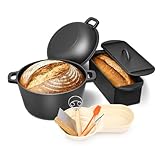 GFTIME Gusseisen Topf Set, Robuste Brotbackform, Idealer Brottopf, Brotbacktopf, Gusseisentopf Brotform, 5L Brot Backen inkl. & 3L Ovales Brotbackform Brotbackform mit Deckel inkl. Gärkorb