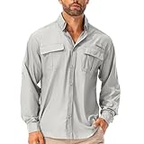 Hemd Herren Safari UPF50+ UV Schutz Wanderhemd Herren Langarm Funktionshemd Outdoorhemd Atmungsaktiv Schnelltrocknend Casual Button Down Shirts(5053 Grey XL)