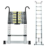 3,2M Teleskopleiter mit Stabilisator, Rutschfester Klappleiter Aluminium Ausziehleiter Mehrzweckleiter, 150 kg Belastbarkeit