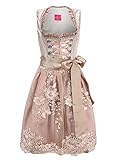 ELFIN Damen Midi Dirndl Elegante Trachtenkleid für Oktoberfest inkl. Spitzen Dirndlschürze, Champagner Rosa, 38
