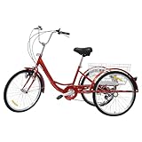 SAUADY Dreirad Erwachsene Umweltfreundliche 6-Geschwindigkeits-Schaltung Senioren Dreirad Fahrrad Tricycle+ Korb Licht 24 Zoll Korbgröße: 55 * 45 * 28CM Rot