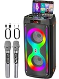 Karaoke-Maschine, Tragbarer Bluetooth-Lautsprecher mit 2 drahtlosen Mikrofonen für Erwachsene, PA-System mit Disco-Lichtern für große Party, Outdoor, unterstützt USB/TF/Rec/FM/AUX