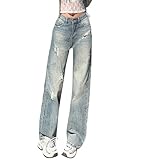 Jeans Damen High Waist Pull On Jeans Stretchy High Waist Denim Hose Wide Leg Trouser Streetwear Jeanshosen Locker mit Löcher Denim Pants Loose Jean Straight Leg Freizeit Damenjeans