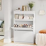 Hzuaneri Schuhschrank mit 2 Klappen, Schuhregal Schuhkipper Schmal, 4 Fächern, Verstellbar, 16 Paar, Schuhaufbewahrung für Eingang, Flur, Garderobe, 80 x 24.5 x 124.5 cm Weiß SR45303X