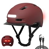 Shinmax Fahrradhelm Herren Damen, Helm Fahrrad mit USB Licht 5 Modi Fahrradhelm mit Visier, Mountainbike Helm Rennradhelm Erwachsen für Scooter Urban Pendler Dark-red XL