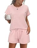 Litherday Damen Schlafanzug Kurz Pyjama Set Baumwolle Rundhals Zweiteiliger Nachtwäsche Hausanzug Gestreift Loungewear mit Taschen Rosa M