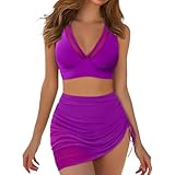 2025 - Damen Baderock Hoch taillierter Bikini-Sets Badeanzüge Mesh Sarong Wraps Badeanzüge T Shirts V Ausschnitt Herren (Purple, L)