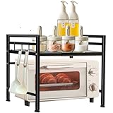 2-stufiges Mikrowellen ständer -Erweiterbares Mikrowellen Regal, Küchentischregal aus Kohlenstoffstahl, Mini Backofen Halterung für arbeitsplatte Bäckerregale mit 3 Haken