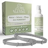 fell&bell Zeckenhalsband SPARSET Mit 60 ml Kokos-Pflegespray – Natürliche Öle Gegen Ungeziefer – 2 Hundehalsbänder – Bis 8 Monate Schutz – Flohhalsband - Wasserfest – 2Stk. GRAUE Flohhalsbänder