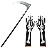 JOYIN Sensenmann Zubehör Set mit Sensenmann Sense und gruseligen Skeletthandschuhen Halloween Sichel Waffe Requisite Kostüm für Party, 109cm