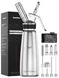 SimCoker Sahnespender 500ml für Schlagsahne,Aluminium Schlagsahnebereiter 3 Edelstahl Spritztüllen 1 Reinigungbürste,Sahnesyphon mit Deutsche Anweisungen Silber