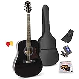 MAX SoloJam Westerngitarre, Akustik Gitarre Set, Acoustic Guitar, Akustikgitarre 4/4 mit Tasche, Plektrum, Stimmgerät, Schultergurt und Stahlsaiten, Anfängergitarre in Schwarz