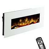 GLOW FIRE Elektrokamin mit Heizung und Kaminfeuer (Wandkamin) - elektrischer Kamin mit LED-Licht, Heizlüfter, Deko & Fernbedienung - zum Aufhängen an der Wand, max. 1500 W - Weiß, 110 cm