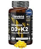 Vitamin D3 k2 4000 IE +Vitamin K2 MK7 200 mcg - Hochdosiert, optimal bioverfügbar - ohne unnötige Zusätze - mit Extra Vergine Olivenöl - 180 Kapseln - Sevens