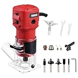 TEENO Holzfräse Oberfräse 650W 15000–32000 U/min mit Staubabsaugungsanschluss, Elektrik Kantenfräse Mit 5 Stück 1/4' Fräsen Cuter, 6 Variable Geschwindigkeiten,Spannzange 6MM,6.35MM